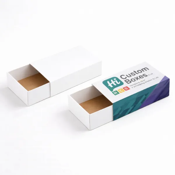 Two white slide-out drawer boxes- one plain and one featuring custom green and purple branding- class=